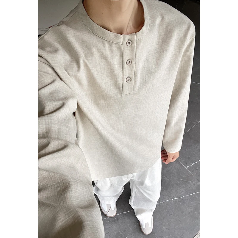 Embellish Knit - 남성 캐주얼 인조 린넨 헨리 티셔츠