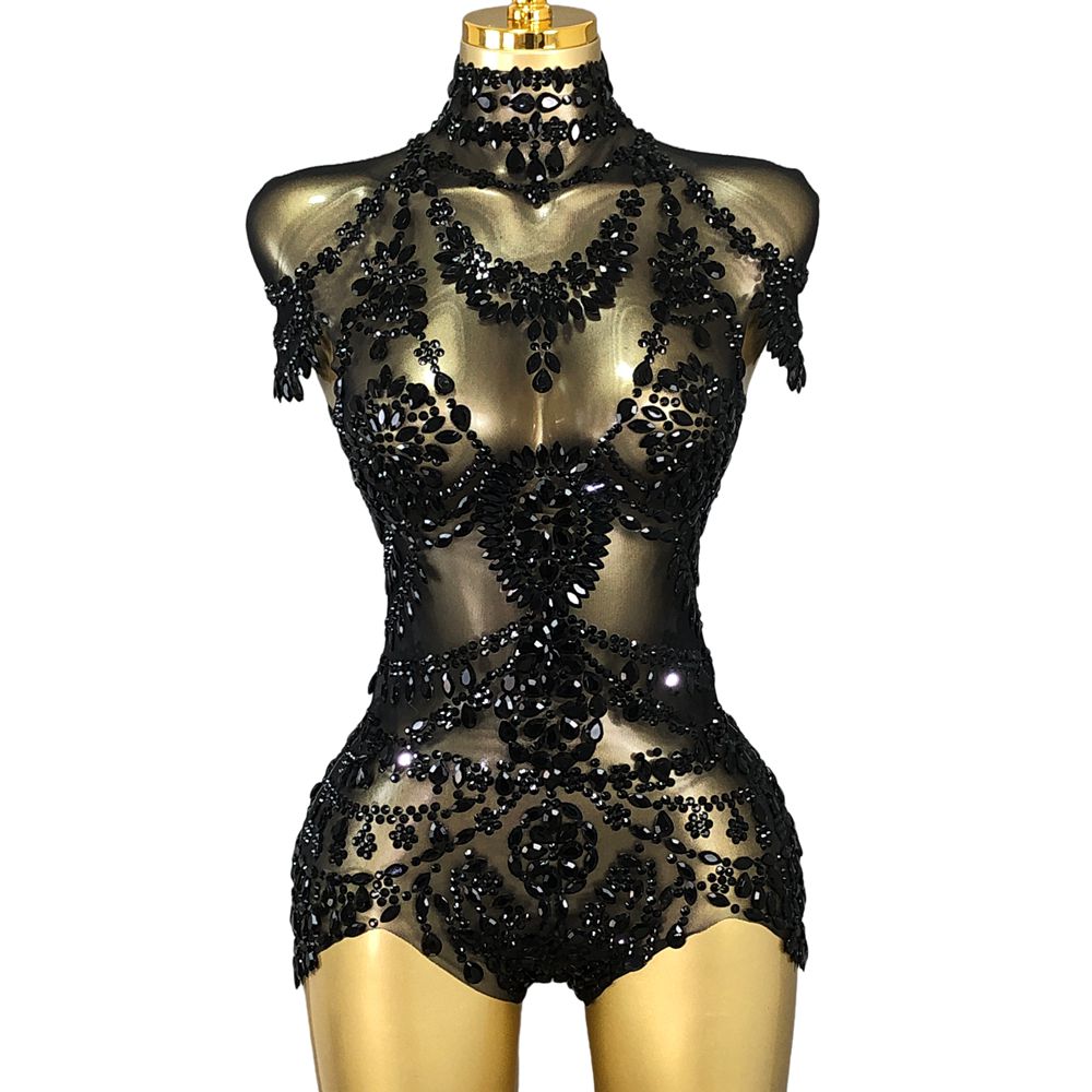Rhinestone Banding Trim - 반짝이는 라인스톤 바디수트 여성 섹시 메쉬