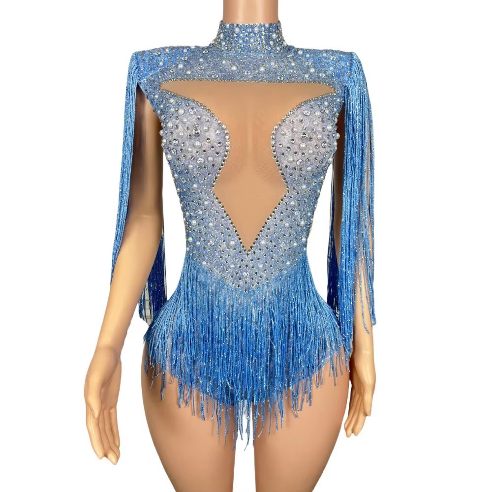 블루 라인스톤 태슬 바디수트 섹시 메쉬 여성 댄스 공연 - Rhinestone Banding Trim 리뷰 및 가격