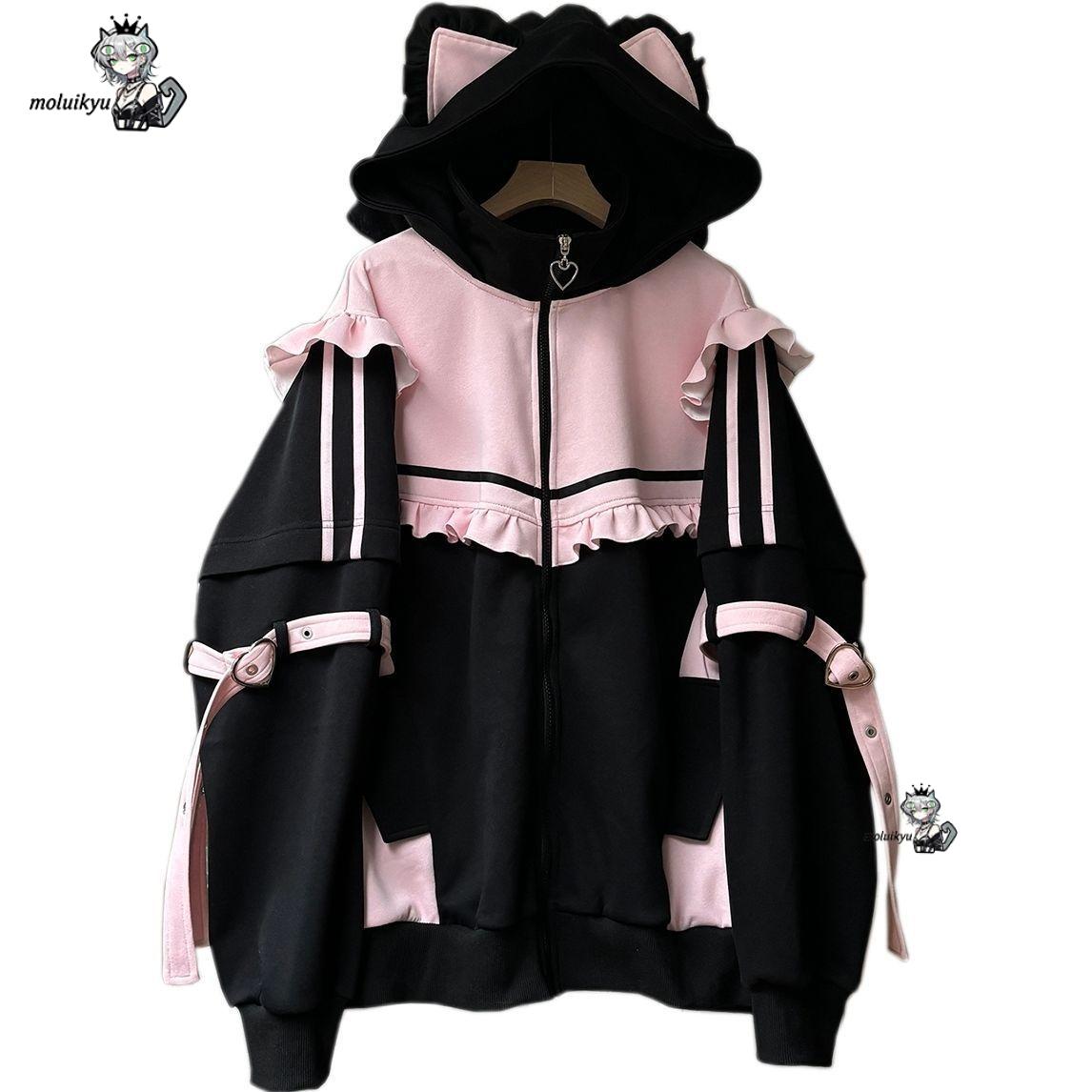 Y2K 카와이 고양이 귀 후드티 여성 핑크 블랙 지퍼업 - Embellish Knit 리뷰 및 가격