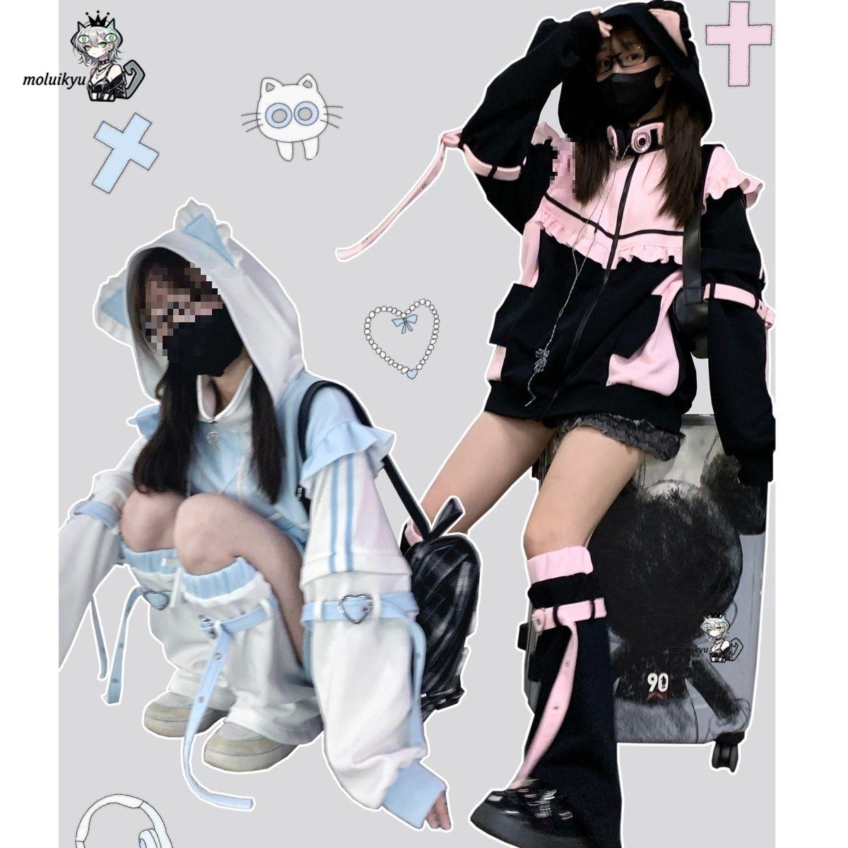 Y2K 카와이 고양이 귀 후드티 여성 핑크 블랙 지퍼업 - Embellish Knit 리뷰 및 가격